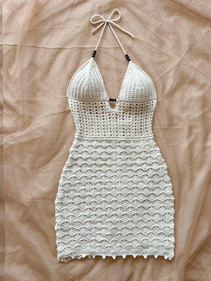 Summer sexy V-neck hollowed out wooden bead slim fit dress with vacation straps and strapless gradient color knitted dress