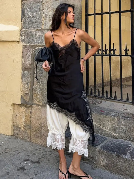 Tossy Sexy Lace Halter Dresses Female Backless Patchwork V-Neck Summer 2025 New Slim Party Dress Women Spaghetti Bodycon Dress