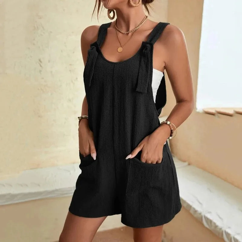 Damen Freizeit Sommer Kurze Playsuits Locker Overall Einfarbig Ärmellos Schnürung Weites Bein Hosen Tiefer Knoten Träger Jumpsuits mit Taschen