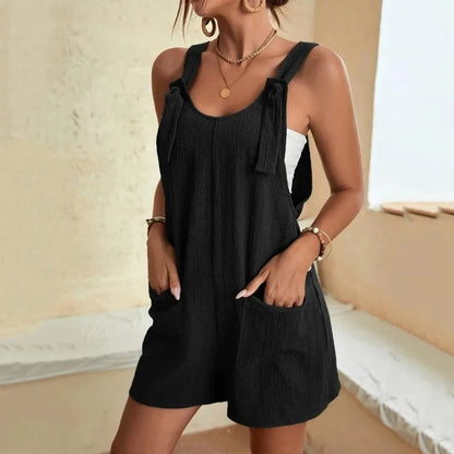 Damen Freizeit Sommer Kurze Playsuits Locker Overall Einfarbig Ärmellos Schnürung Weites Bein Hosen Tiefer Knoten Träger Jumpsuits mit Taschen