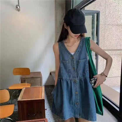 Ärmelloses Trägerkleid Damen Sommer Einreihige Taschen Jeanskleider Damen Koreanischer Stil Lockeres A-Linien Minikleid