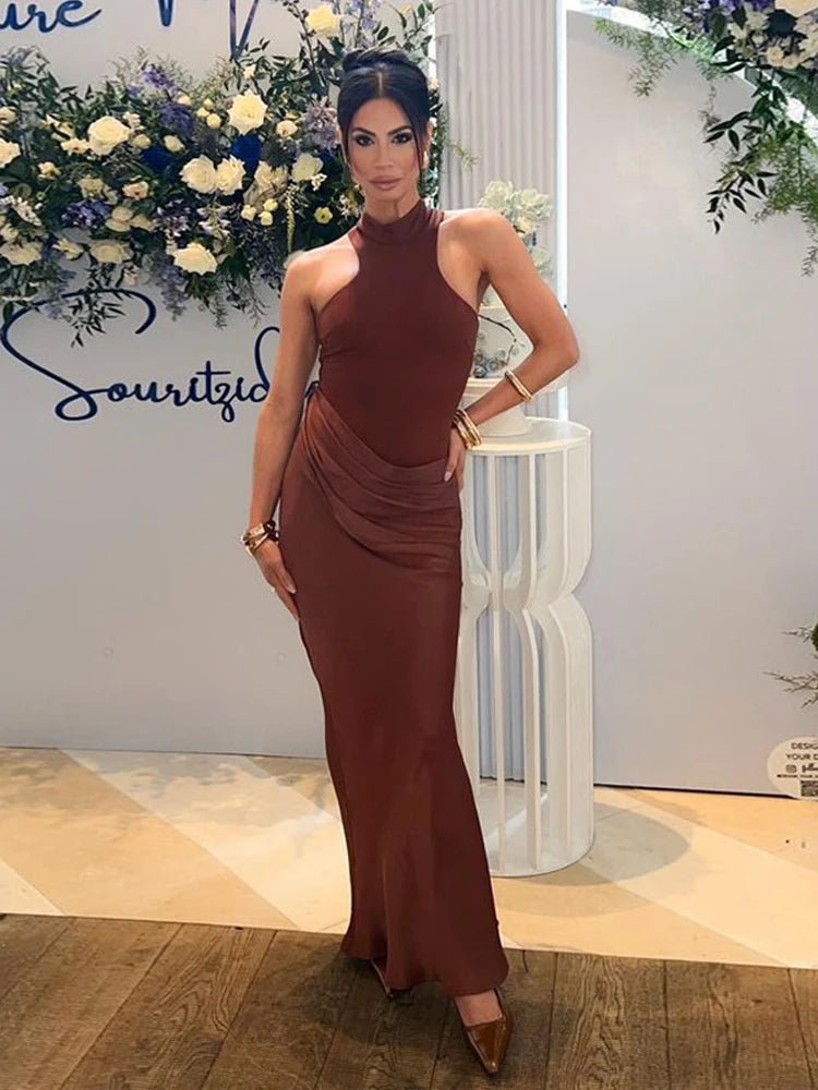 JULISSA MO Satin Sexy Hollow Out Damen Maxikleid Schwarz Ärmellos High Waist Kleid Female Herbst Skinny Elegant Party Clubwear
