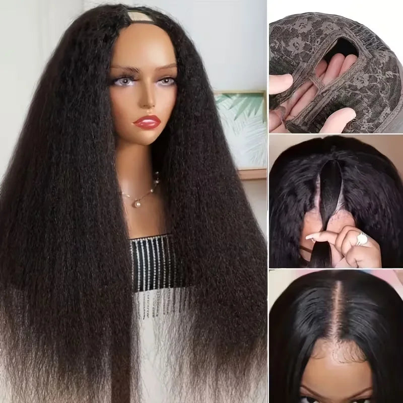 Kinky Straight V Part Wig Natural Black Color No Leave Out Easy Put On Full Head Clip In Glueless Human Hair Wig for Women