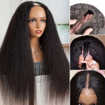 Kinky Straight V Part Wig Natural Black Color No Leave Out Easy Put On Full Head Clip In Glueless Human Hair Wig for Women