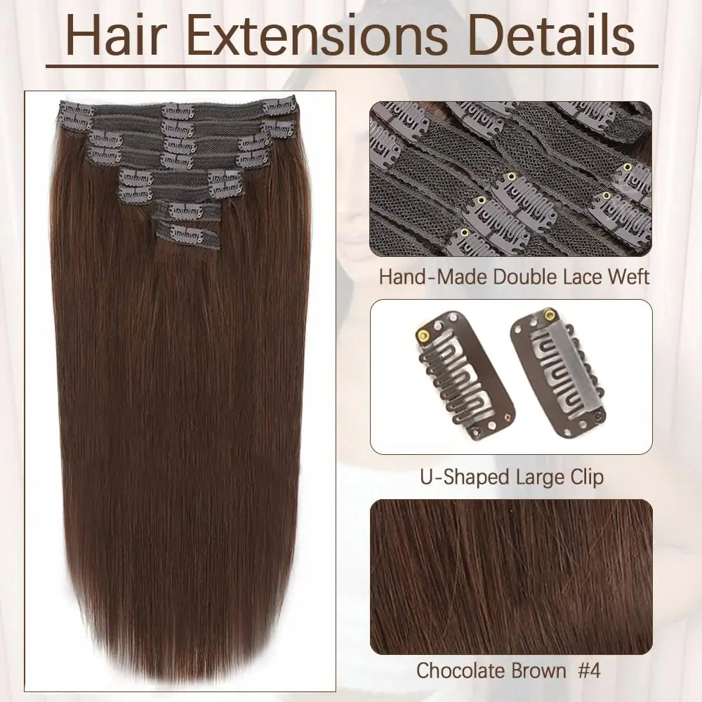 Clip In Hair Extensions Real Human Hair Color #4 Chocolate Brown Clip In Hair Extensions 8pcs Hair Natural Black Color 24 Inches