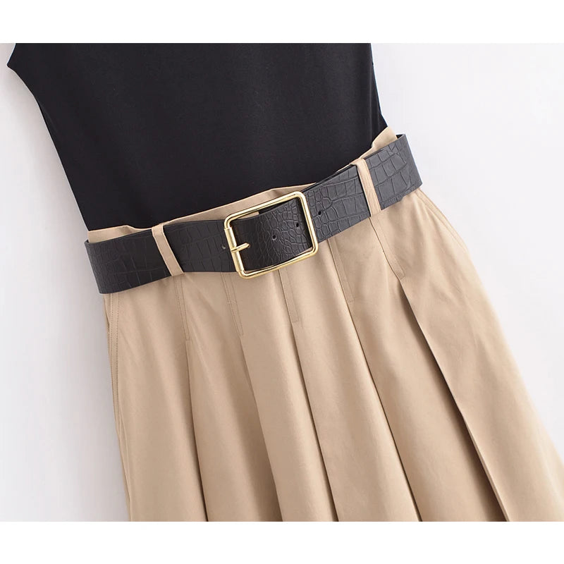 DAMEN 2025 Damenkleider Gürtel Faltenrock Midi-Kleid Damen Ärmelloses Sommerkleid Damen Gestrickte Partykleider für Damen Sonnenkleid