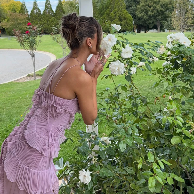 Chic Elegant Lotus Edge Maxi Dress Slim Fit Backless Lace Up Halter Robes Sleeveless Party Vestidos 2025 Nw Lady Vacation Gowns