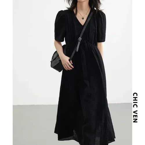 CHIC VEN Damenkleider Französischer Stil Vintage V-Ausschnitt Puffärmel Langes Kleid Einfarbig Schwarz Locker Damenbekleidung Sommer Neu 2023