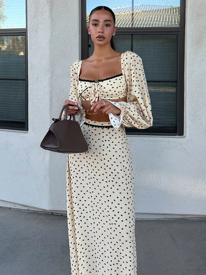 Polka Dot Puff Sleeve Crop Top & Maxi Skirt Set Square Neck Tie-Front 2026 Spring Summer Chic Romantic Women Vacation Vestido