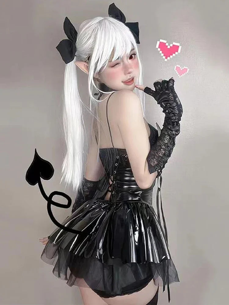 Sexy Cosplay PU-Kleid Damen Harajuku Streetwear Grunge Bandage Hollow Out Bats Dress Punk Y2k E-Girl Mall Gothic Kleidung