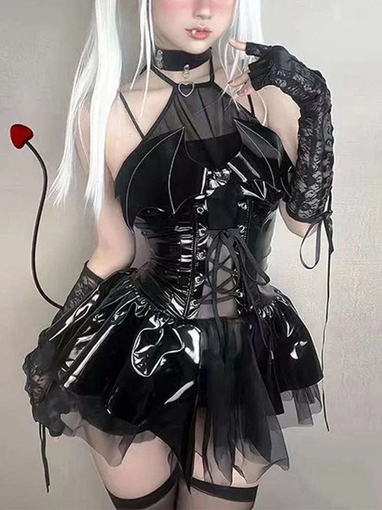 Sexy Cosplay PU-Kleid Damen Harajuku Streetwear Grunge Bandage Hollow Out Bats Dress Punk Y2k E-Girl Mall Gothic Kleidung
