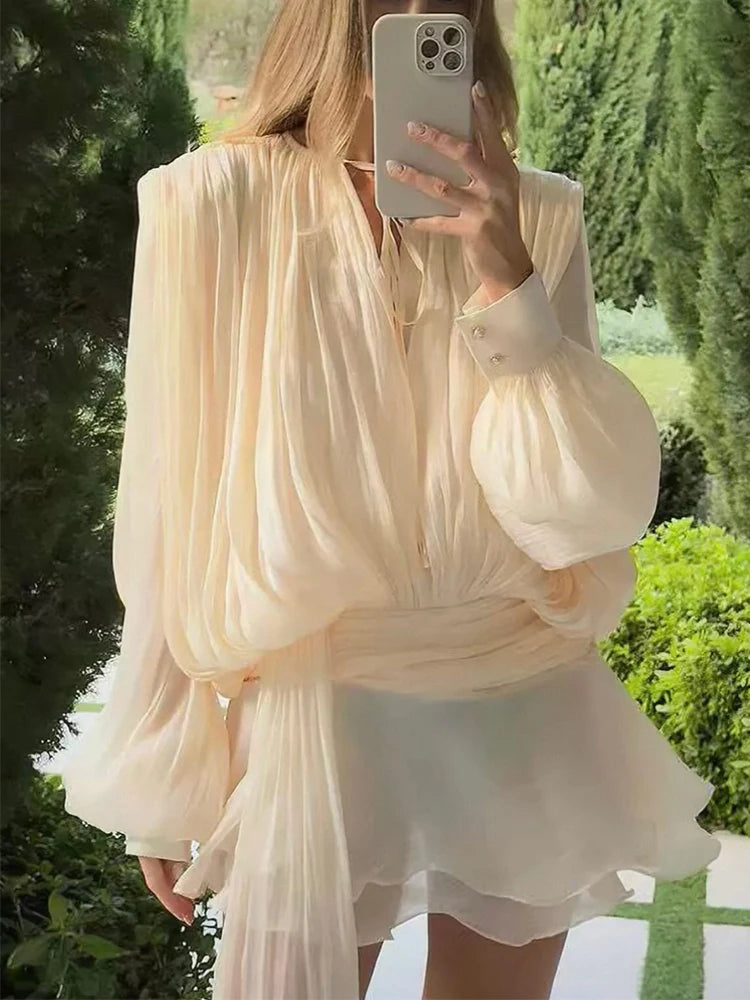 TWOTWINSTYLE Solid Bluse Minikleider für Frauen V-Ausschnitt Langarm Gespleißt Geschnürt Süßer Stil Kleid Weibliche Kleidung Mode