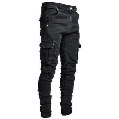 Street Elastische Jeans Herren Denim Cargo Hose Waschung Unifarben Multi Taschen Lässige Mittelhohe Taille Hose Schmale Passform Alltag Jogger