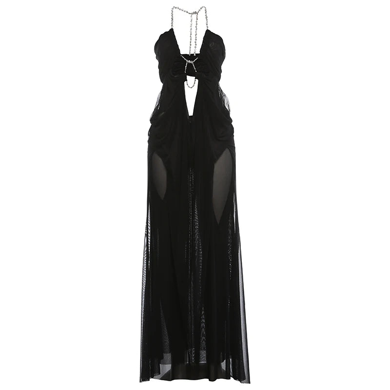 Nibber Abschlussballkleid Damen Sexy Transparent Luxuriöse Kette Neckholder Tiefer Ausschnitt Rückenfrei Ärmellos Mitternacht Elegant Vestidos