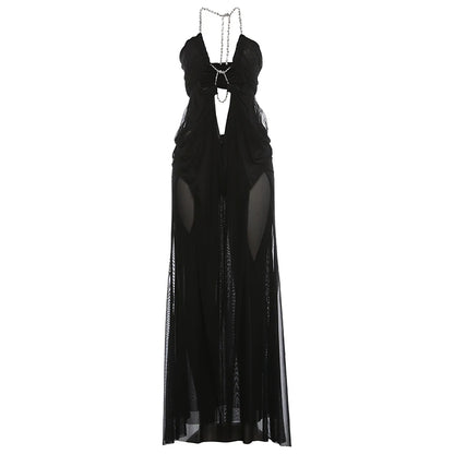 Nibber Abschlussballkleid Damen Sexy Transparent Luxuriöse Kette Neckholder Tiefer Ausschnitt Rückenfrei Ärmellos Mitternacht Elegant Vestidos