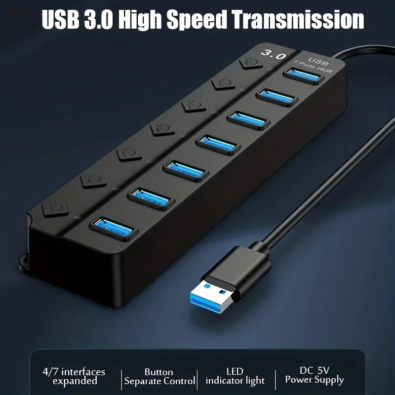 4/7-Port USB 3.0 Hub mit LED-Anzeige, unabhängiger Schaltersteuerung für Laptop, Flash-Laufwerk, Festplatte, Drucker, Kamera, Tastatur