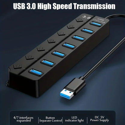 4/7-Port USB 3.0 Hub mit LED-Anzeige, unabhängiger Schaltersteuerung für Laptop, Flash-Laufwerk, Festplatte, Drucker, Kamera, Tastatur
