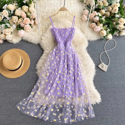 YuooMuoo Damenkleid 2026 Neue koreanische Mode Blumenmuster Spaghettiträger Mesh Partykleid Urlaubsstil Damen Strandkleid