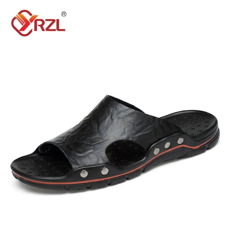 YRZL Sandalen Herren Leder Klassische Sommer Herren Hausschuhe Weiche Schwarze Hausschuhe PU-Leder Hausschuhe Leichte EVA-Slides für Herren