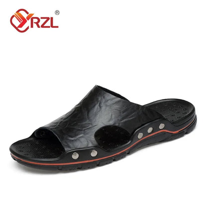 YRZL Sandalen Herren Leder Klassische Sommer Herren Hausschuhe Weiche Schwarze Hausschuhe PU-Leder Hausschuhe Leichte EVA-Slides für Herren