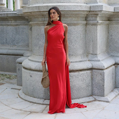Elegant Ribbon Halter Dress Women Solid Off Shoulder Sleeveless Backless Slim Maxi Dresses 2025 Summer Autumn Party Robes Lady