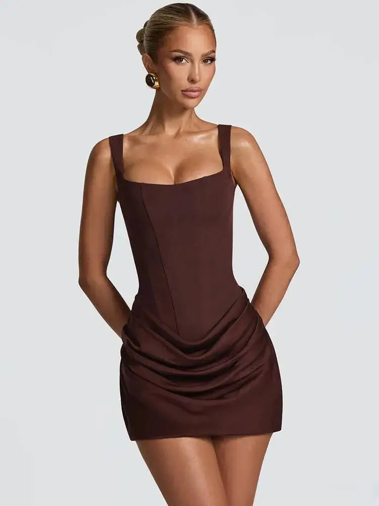 Mozision Rückenfreies Gerafftes Sexy Minikleid Damen Elegantes Kleid mit schmalen Trägern, eckigem Ausschnitt, ärmellos, hoher Taille für Club und Party
