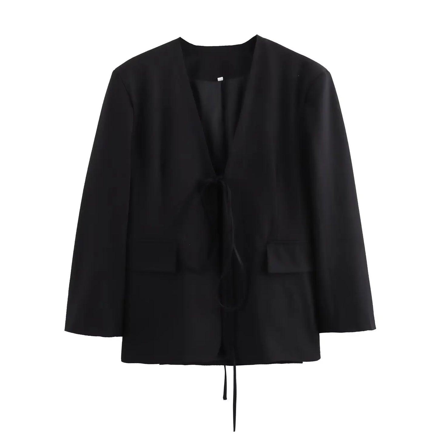 KONDALA Casual Oversized Black Blazer Women V Neck Bow Tie Pockets Loose Jackets Fashion 2025 Fall Streetwear Women Outwears
