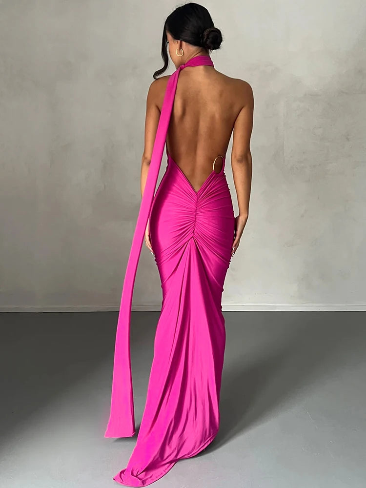 Hugcitar One Shoulder Backless Adjustable Scarf Loop Rüschen Sexy Maxikleid Damen Elegant Y2K Streetwear Festival Outfit