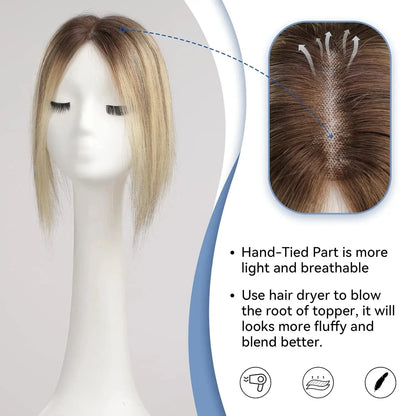 Light Brown Blonde Ombre 12 Inch Human Hair Toppers Lace Base Clip In Hairpiece for Women 100% Remy Human Hair Extensions