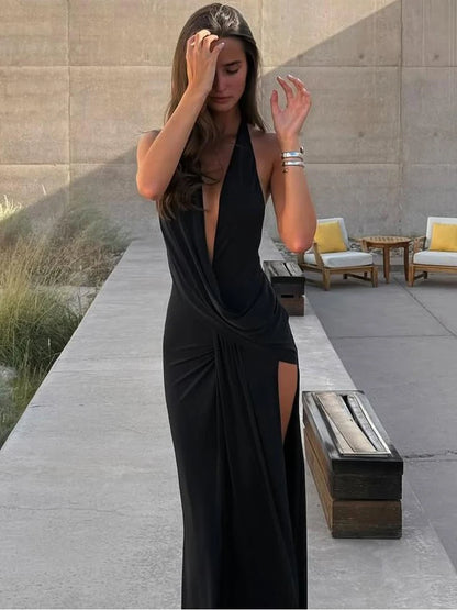 Sisterlinda Sexy High Splits Long Dress Women Halter Deep V-Neck Backless Sleeveless Summer Pool Party Ruched Elegant Vestidos