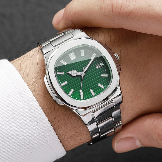 Herrenmode Armbanduhren, Business-Quarzuhr mit quadratischem Zifferblatt, Edelstahlarmband und Kalender für Herren (ohne Box)