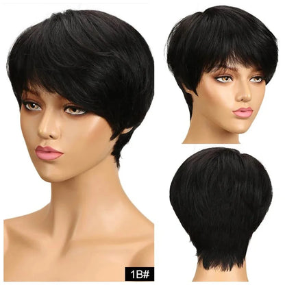 Newmi Pixie Cut Wig Human Hair Wigs Full Machine Wigs Brazilian 100% Human Hair Short Wigs with Bangs for Women Natural Black