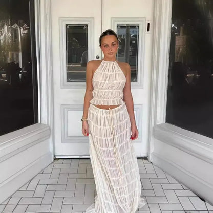 2024 summer new sexy halter top with exposed back and camisole, pleated lace vest, long skirt set