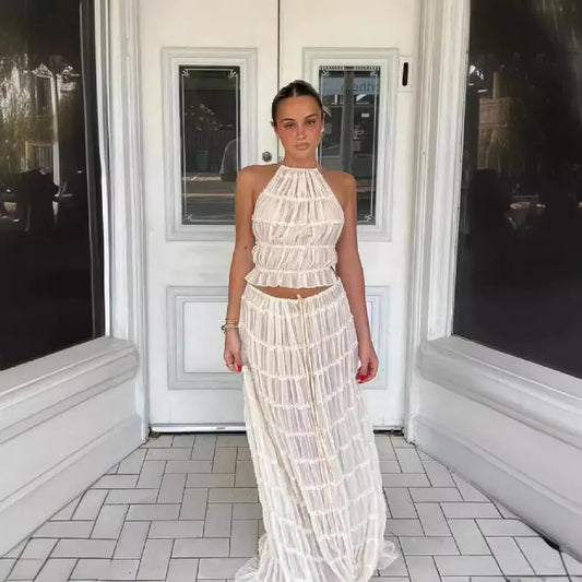 2024 summer new sexy halter top with exposed back and camisole, pleated lace vest, long skirt set