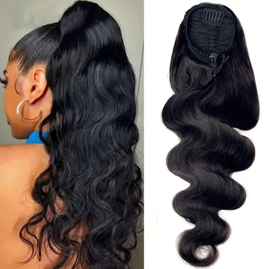 Body Wave Kordelzug-Pferdeschwanz Echthaar-Extensions 100% Echthaar Brasilianisches Remy Clip-in für Damen Pferdeschwanz Naturfarbe