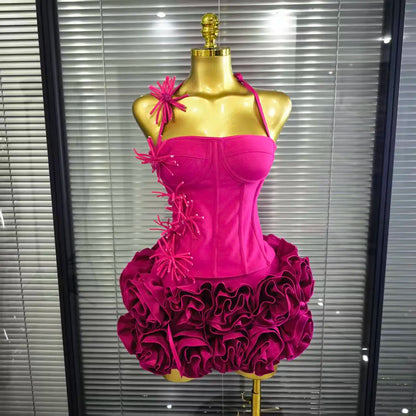 Rotes Damen Sexy Neckholder Komplett Blumenmuster 2-Teiler Bodycon Mini Bandage Kleid zum Feiern, für Nachtclubs, Partys, Geburtstage