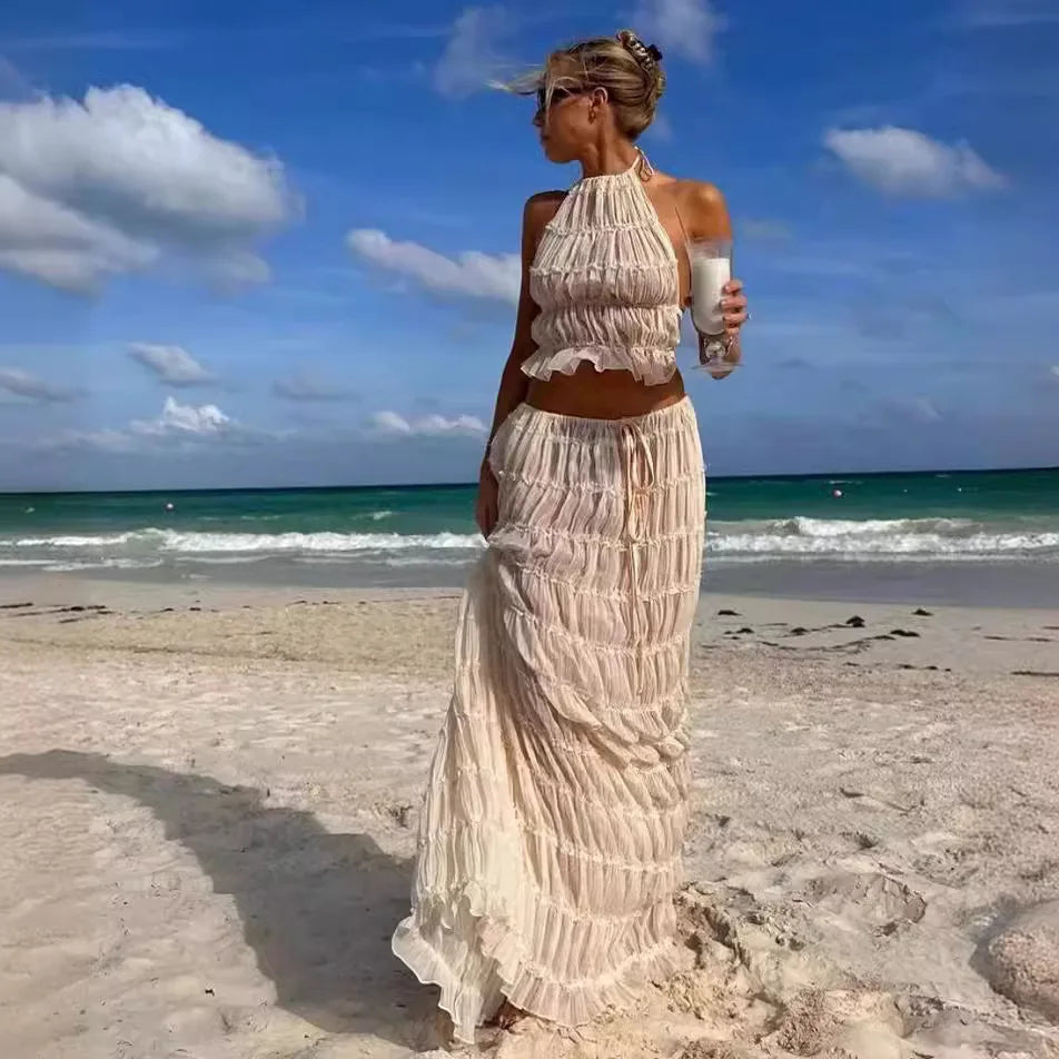 2024 summer new sexy halter top with exposed back and camisole, pleated lace vest, long skirt set