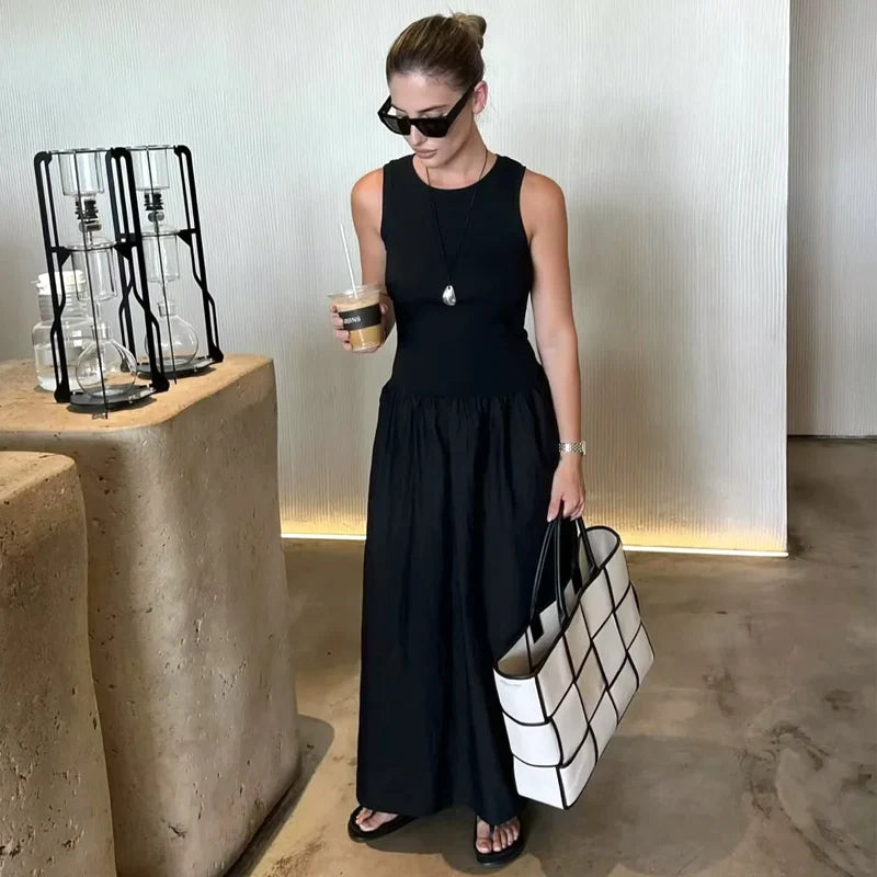 HXAO Damen Lange Schwarze Kleider Frühling 2025 Ärmellose Elegante Kleider Mode Lässig Vintage Party Khaki Kleider Vestidos