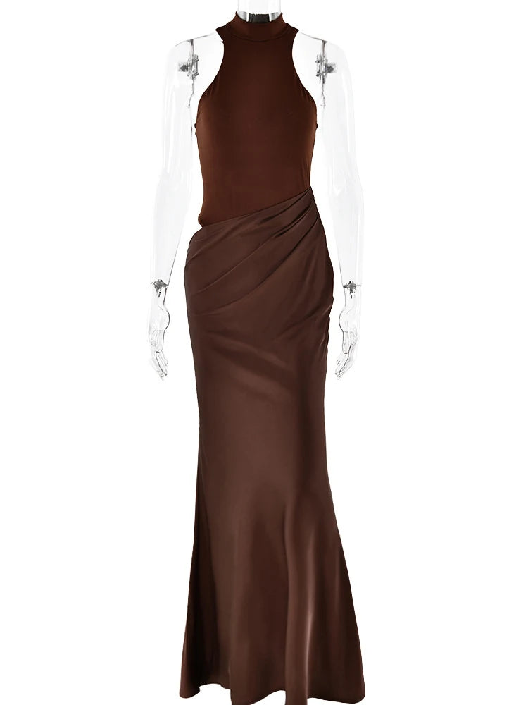 JULISSA MO Satin Sexy Hollow Out Damen Maxikleid Schwarz Ärmellos High Waist Kleid Female Herbst Skinny Elegant Party Clubwear