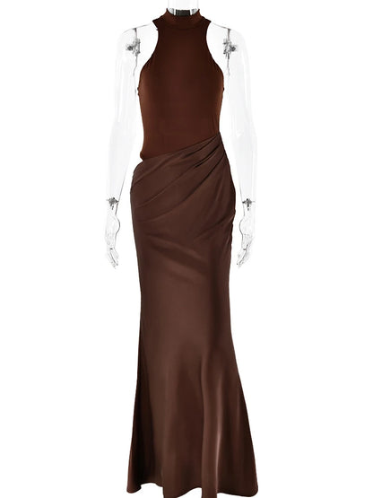 JULISSA MO Satin Sexy Hollow Out Damen Maxikleid Schwarz Ärmellos High Waist Kleid Female Herbst Skinny Elegant Party Clubwear