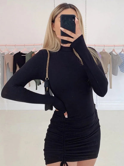 Damen Langarm Ruched Bodycon Kleid Rollkragen Bandage Minikleider Herbst Schwarz Enges Stretch-Partykleid