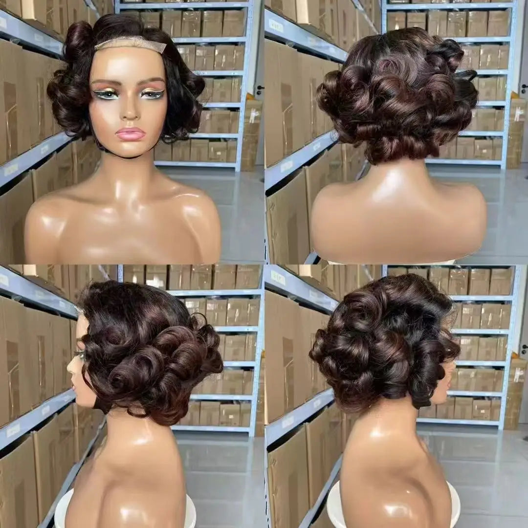 100% Raw Indian Virgin Hair Bouncy Wave 4x4 HD Lace Closure Wigs High Density 12" Wear and Go Ombre Bouncy Curly Glueless Wigs
