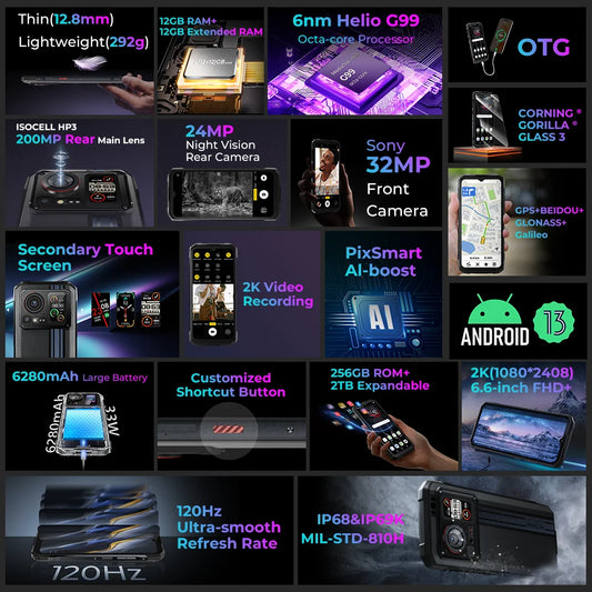 HOTWAV Cyber 15 Rugged Smartphones G99 Gaming Phones 200MP Outdoor Shooting Cellphones On Sale 6.6'' FHD+ 120Hz 12GB 256GB