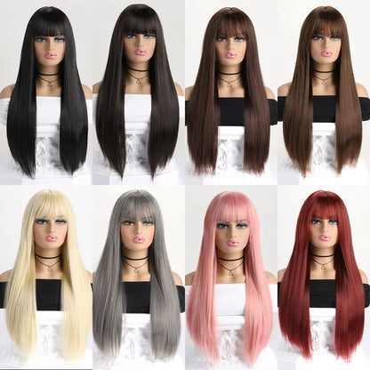 Best-selling 26-inch synthetic wig for long straight hair for Halloween cosplay, daily use wig, high-temperature hair accessory