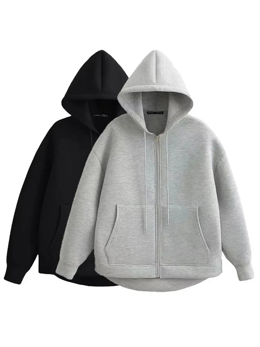 HH Autumn Women Casual Hooded Jacket Loose Oversize Zipper Hoodie Sweatshirts Solid Coat Office Lady Chic Outwear Tops