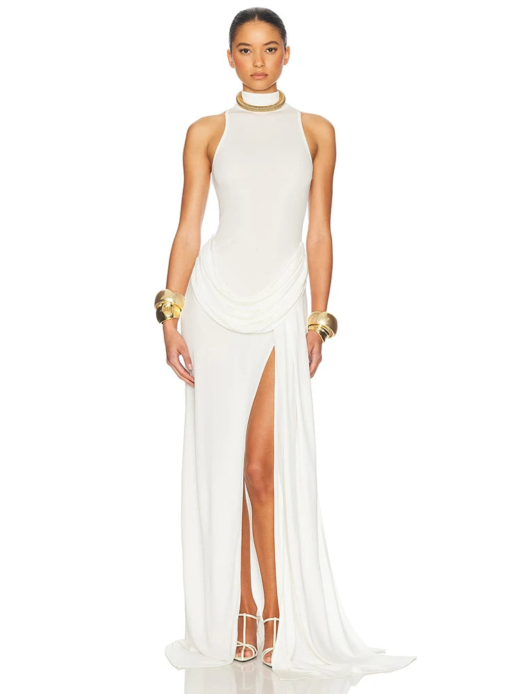 Blifanbo Rollkragen-Off-Shoulder Ärmelloses Maxikleid mit Beinschlitz Hoher Taille und Falten für Damen Eleganter Mode-Club-Party-Look