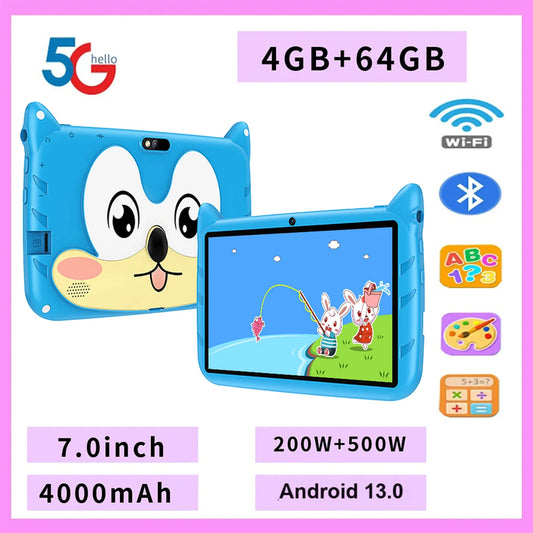 New 7" Kids Tablet with Cartoon Pattern Quad Core 4GB+64GB ROM Bluetooth 5G WiFi Learning Education Game Children's Gift