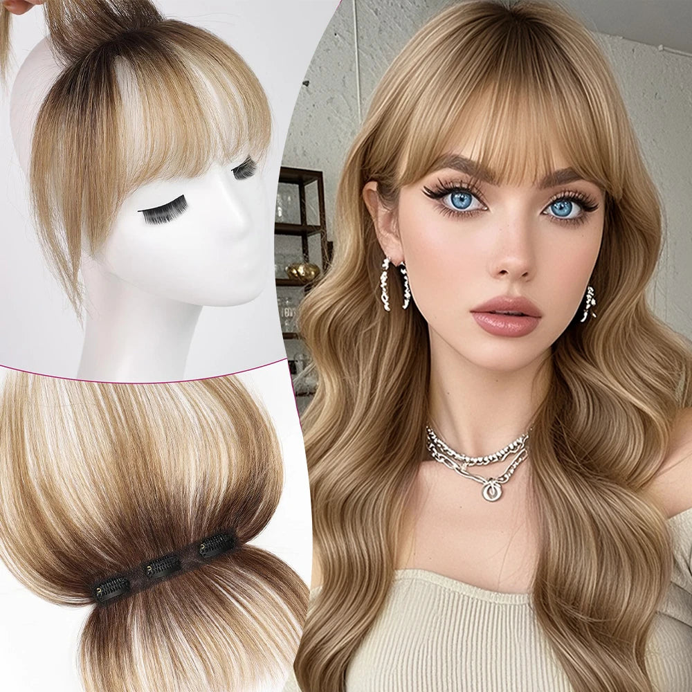 100% Human Hair Blonde Bangs Clips in Air Fringe Bangs Hairpiece for Women Platinum Human Hair Bangs Hair Extension 4.5inch