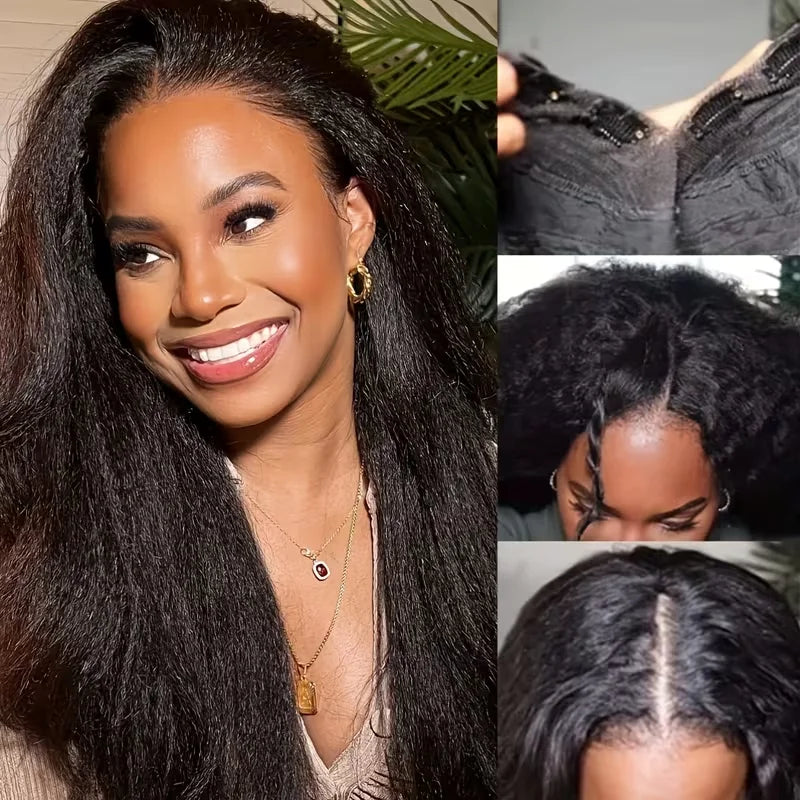 Kinky Straight V Part Wig Natural Black Color No Leave Out Easy Put On Full Head Clip In Glueless Human Hair Wig for Women
