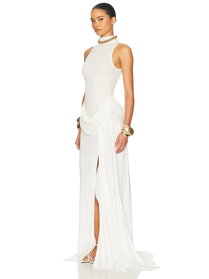 Blifanbo Rollkragen-Off-Shoulder Ärmelloses Maxikleid mit Beinschlitz Hoher Taille und Falten für Damen Eleganter Mode-Club-Party-Look